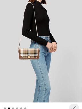 Burberry Beige Plaid Crossbody with Brown Leather Trim